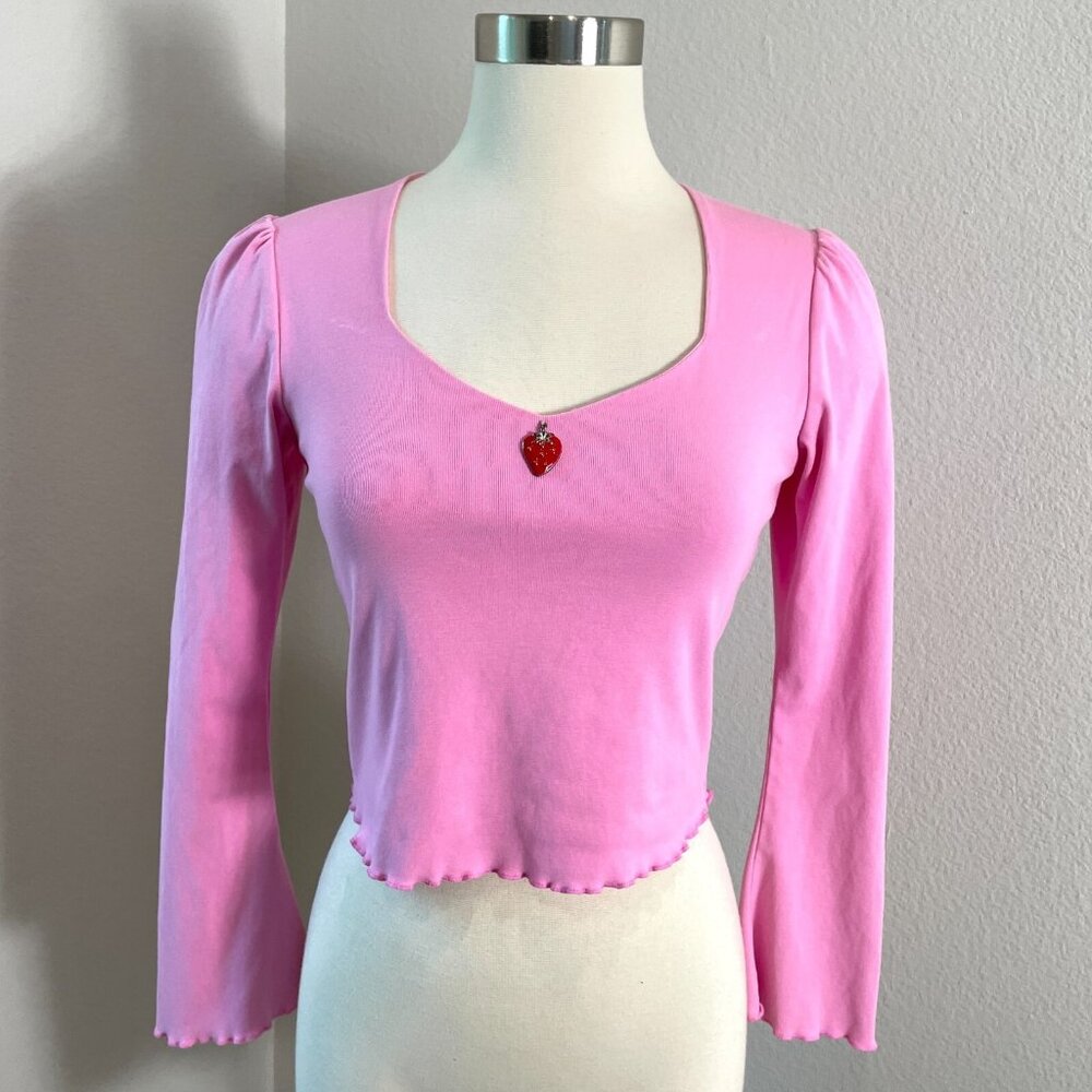 Dolls Kill Sugar‎ Thrillz Large Pink Long Sleeve Top Crop Shirt Strawberry Charm